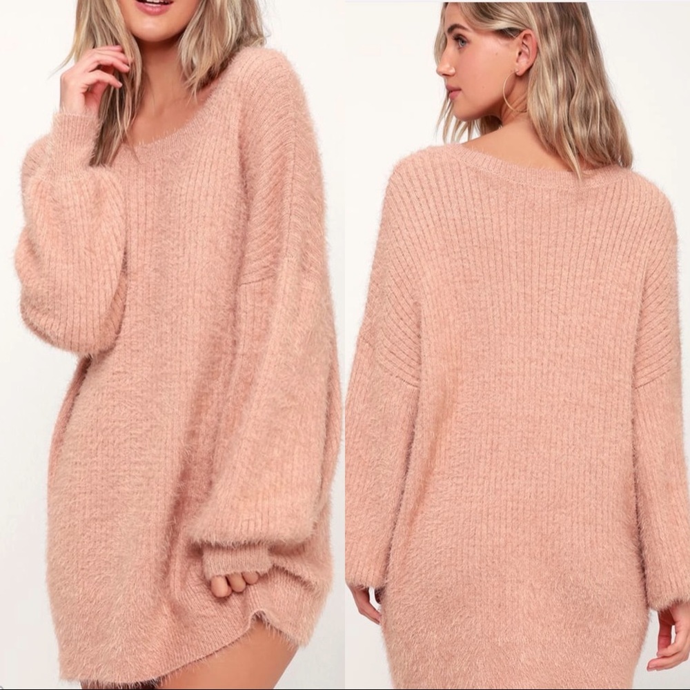 Lulu’s Slater Blush Pink Fuzzy Sweater Dress